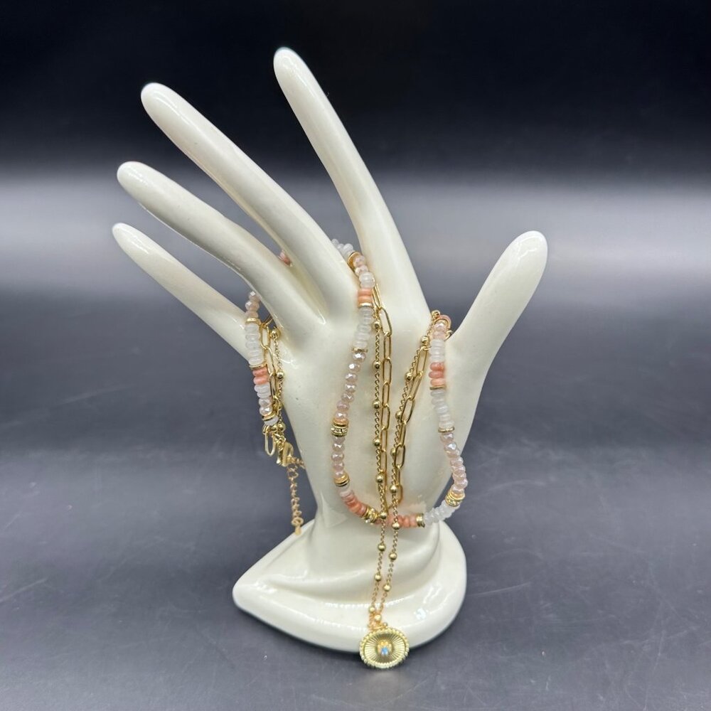 Three Strand Romantic Cottagecore Gold Tone Necklace Beads Pink White Statement